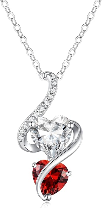 LOUISA SECRET Unique Double Heart Necklace Gifts for Wife Women, 925 Sterling Silver Tiny Birthstone Pendant Jewelry Gift for Her Girlfriend Mom Valentine's Day Anniversary Mother's Day Birthdays & Christmas