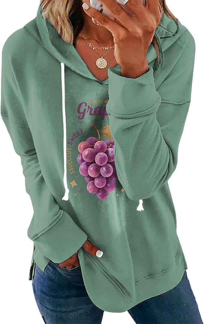 Womens Casual Loose Fit Pullover Sweatshirt with Artistic Print Drawstring Hood Long Sleeve Cotton Blend for Fall