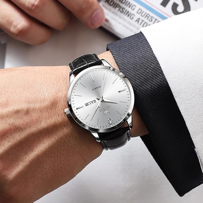 OLEVS Mens Watches, Dress Waterproof Classic Analog Casual Luxury Wrist Watch for Men with Date, Easy to Read Relojes para Hombres Male Quartz Wristwatch with Brown Black Leather Band Blue Black Dial