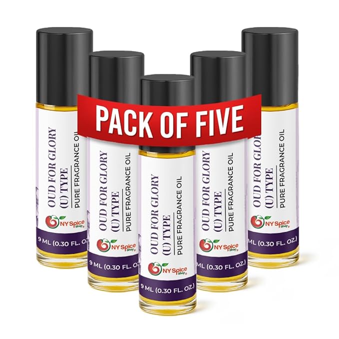 NY Spice Shop Oud for Glory U Type Fragrance – Pack of 5 Amber Woody Fragrance Oil & Unisex Scent – Oriental Musk Aroma with Warm Wood Accord – Artisan Perfume Oil for Personal Scent Collection