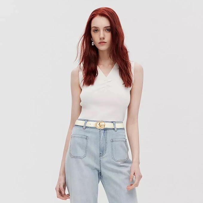 Women's Fashion Classic Metal Buckle Leather Belt with Jeans Dress