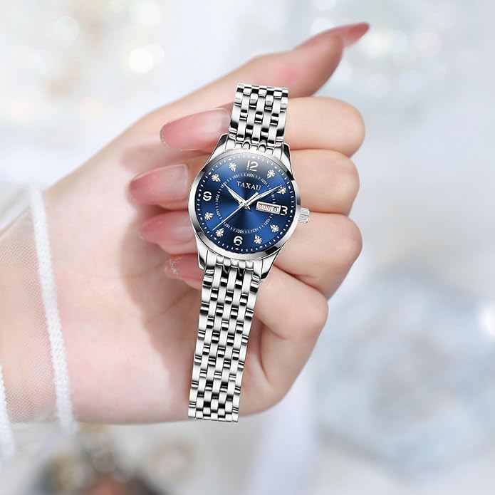Gold Silver Two Tone Women Stainless Steel Watch Small Wrist ElegantDress Watch for Women Fashion Luxury Waterproof Day Date Analog Quartz Ladies Watches