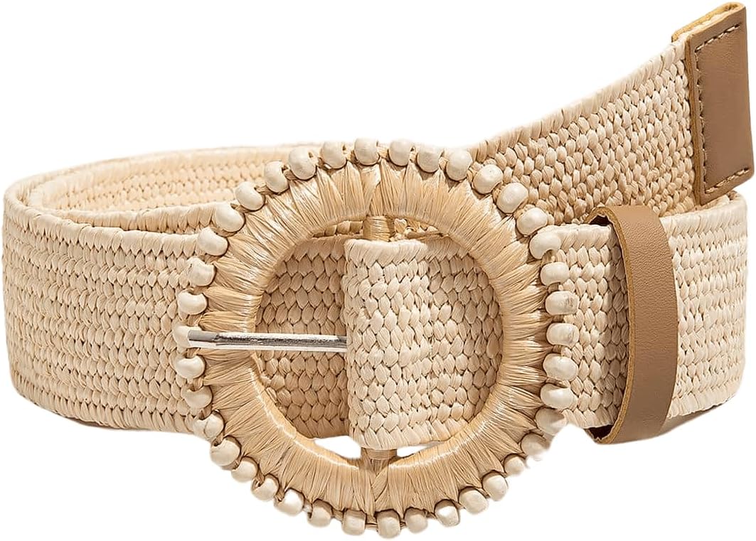 Verdusa Women's Western Belt Cowgirl Boho Straw Belts Round Buckle Elastic Waist Belt