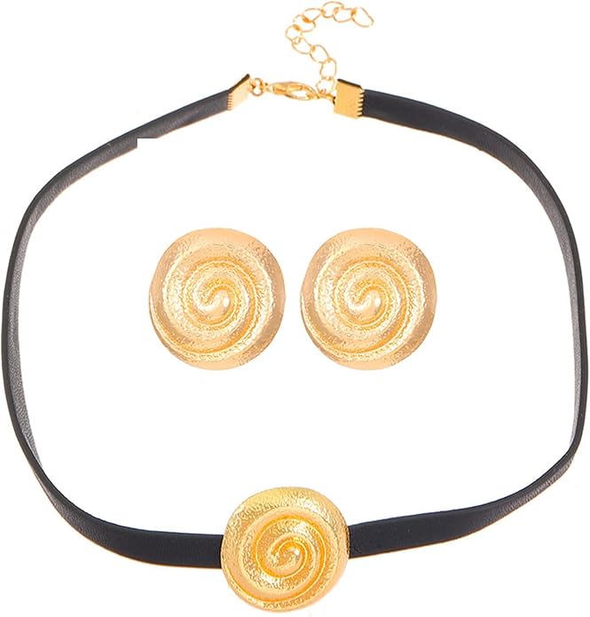 coadipress Spiral Earrings Necklace Sets for Women Geometric Round Swirl Statement Earrings Minimalist Trendy 14K Gold Plated Round Spiral Leather Necklace Bohemia Charm Jewelry