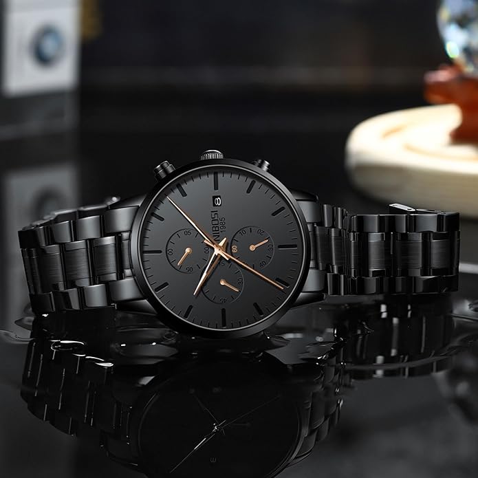 NIBOSI Men's Watches Analog Minimalist Black Dial Watches for Men Business Chronograph Military Casual Wrist Watches Stainless Steel Strap Date