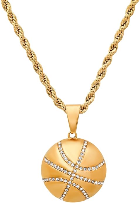Basketball Necklace - 18K Plated Basketball Chain with Hoop for Men, Women, Teens - Gold, Silver & Black Color Options - Stainless Steel Sports Pendant with Simulated Diamond CZ Stones
