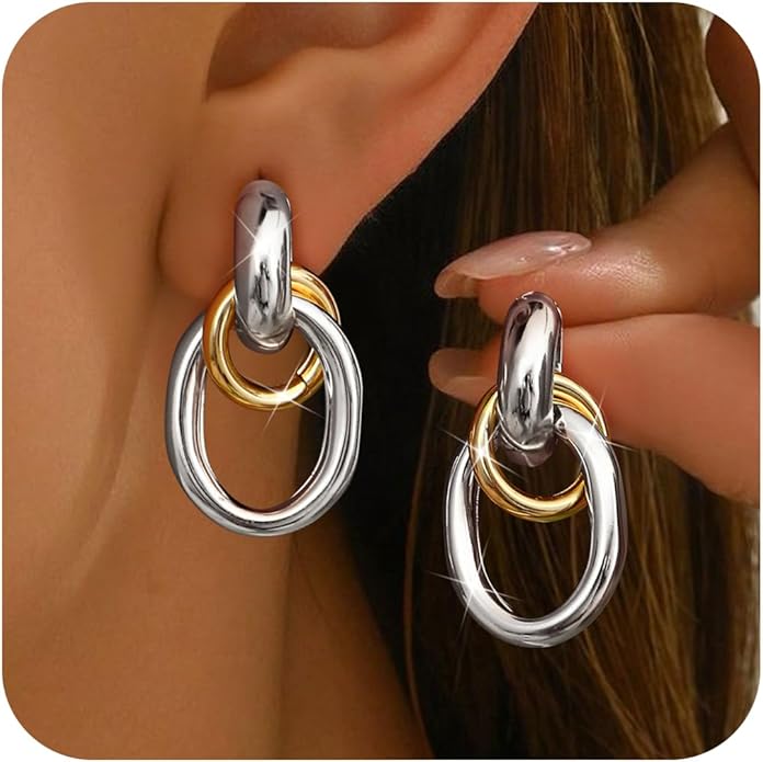 ORAZIO Chunky Gold Plated Knot Earrings for Womens Trendy 925 Silver Statement Lightweight Dangle Drop Hypoallergenic Large Geometric Stud Earring Jewelry for Women
