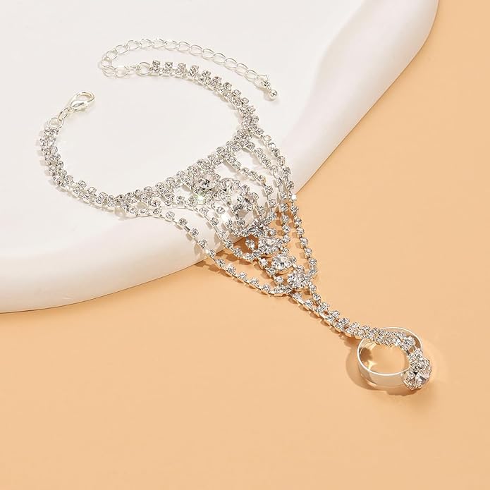 Sparkly Rhinestone Hand Chains Finger Ring Bracelets Silver Crystal Flower Chain Ring Bracelet Boho Hand Harness Chain Bracelet Wedding Party Prom Christmas Fashion Jewelry Accessories for Women