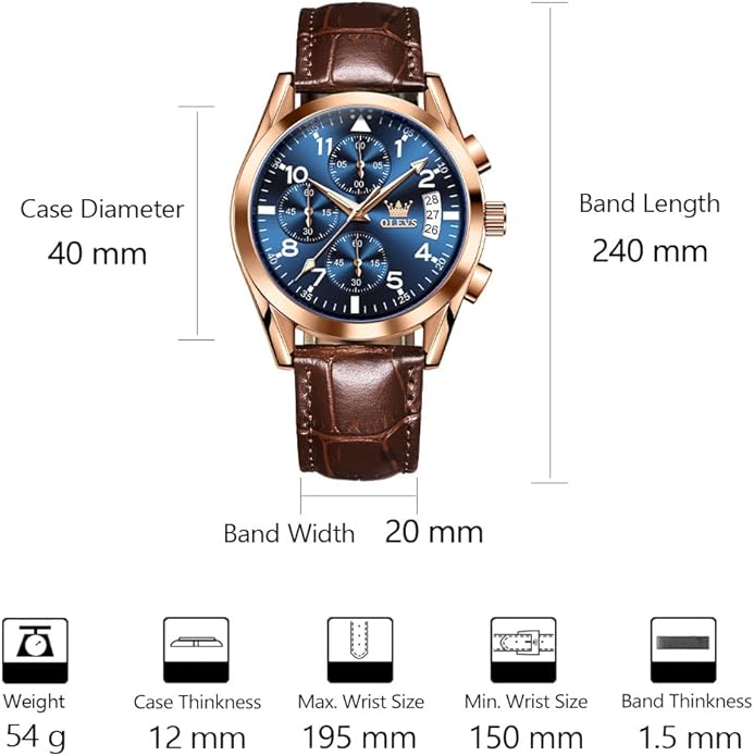 OLEVS Men's Casual Leather Watch, Big Face Chronograph Watch for Men, Fashion Easy to Read Dress Watch, Men's Waterproof Luminous Date Analog Watch, Gold/Black/White/Blue Dial