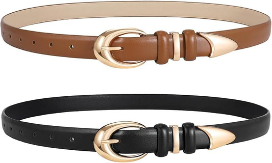 2 Pack Women Leather Belts for Jeans Dress Fashion Ladies Belt with Gold Silver Buckle