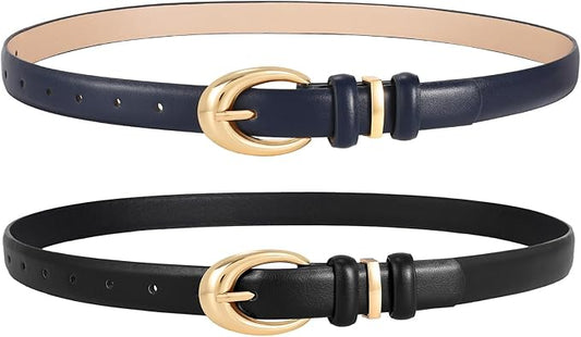 2 Pack Women Leather Belts for Jeans Dress Fashion Ladies Belt with Gold Silver Buckle