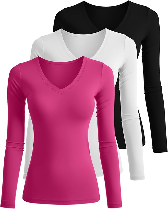Ficerd 3 Pack Women's Long Sleeve Shirts, V Neck Basic Tees Slim Fitted Casual Fall Tops Going Out Blouses T Shirts