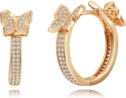 14K Gold Plated Cubic Zirconia Hoop Earrings,Three Row Diamon | Arrows | Double Row of Diamonds Huggie Earrings for Women