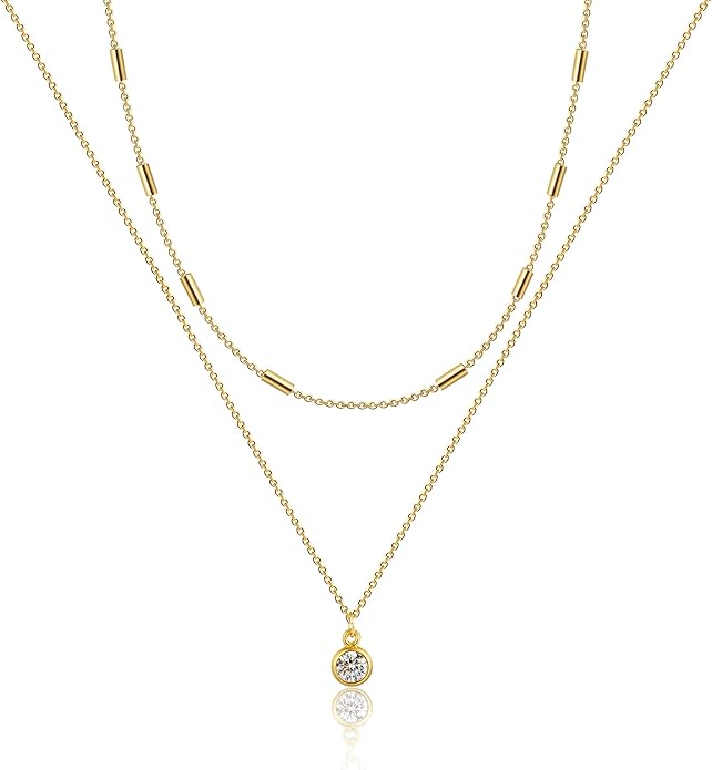 MIDEEO Christmas Gifts for Grandkids CZ Diamond Necklace for Women Dainty Layered Cubic Zirconia Solitaire Pendant Necklace Gold Plated Waterdrop Shape Square Emerald Green CZ Simulated Diamond Bridesmaid Necklace