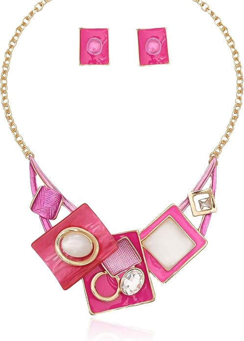 CSY Fashion Boho Oval Crystal Opals Statement Bib Necklace Earrings Bohemian Enamel Costume Jewelry Set Gifts for Women