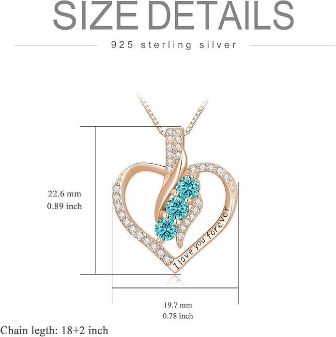 Rose Heart Birthstone Necklace for Women - Solid S925 Sterling Silver with Rose Gold Plated Infinity Symbol of Love Valentine's, Mother's Day, Anniversary, Christmas Birthday Gift for Her, Mom, Wife, or Girlfriend.