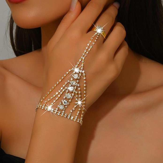 Sparkly Rhinestone Hand Chains Finger Ring Bracelets Silver Crystal Flower Chain Ring Bracelet Boho Hand Harness Chain Bracelet Wedding Party Prom Christmas Fashion Jewelry Accessories for Women