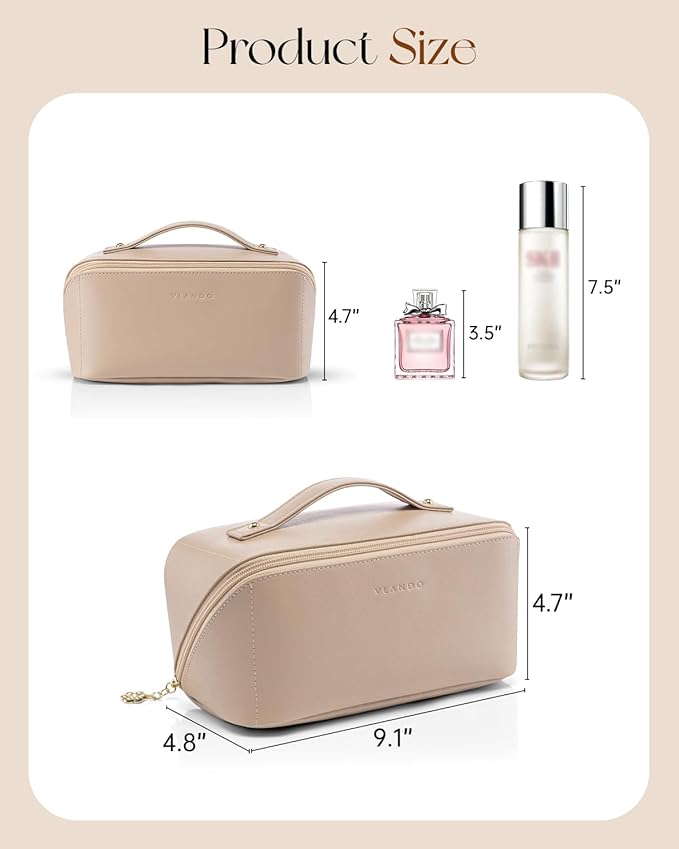 Vlando Makeup Bag,Large Capacity Travel Toiletry Bag,Cosmetic Bags for Women PU Leather Waterproof Portable Pouch with Divider & Handle-Toffee