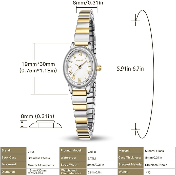 Small Gold Watches for Women,Analog Womens Watch with Stainless Steel Expansion Band,Oval Case Roman Dial,Water Resistant