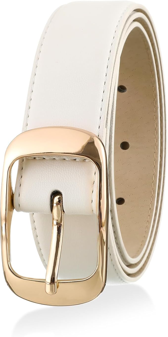 Womens White Belts with Gold Buckle Leather Belts for Women Ladies Fashion Waist Belt