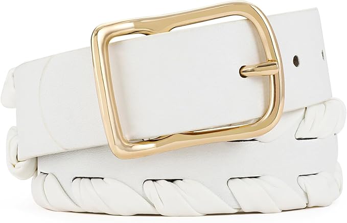 Womens White Belts with Gold Buckle Leather Belts for Women Ladies Fashion Waist Belt