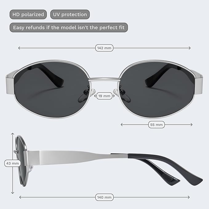 livho Retro Polarized Sunglasses - UV400 Protection, Oval Shape, Metal Frames - Matching Soft Case Inlcuded