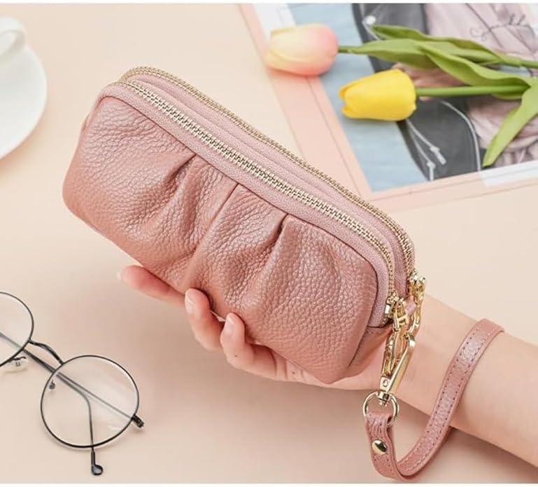 Genuine Leather Wristlet for Women, Ruched Clutch Wallet Purse, Compact Ladies Wristlet with Card Slots