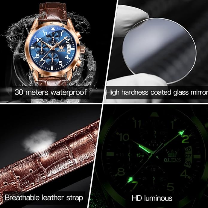 OLEVS Men's Watches Brown Leather with Date,Casual Watches for Men,Large Face Watches Men,Chronograph Mens Watch,Sport Waterproof Business Dress Analog Quartz Men's Wrist Watches Reloj De Hombre