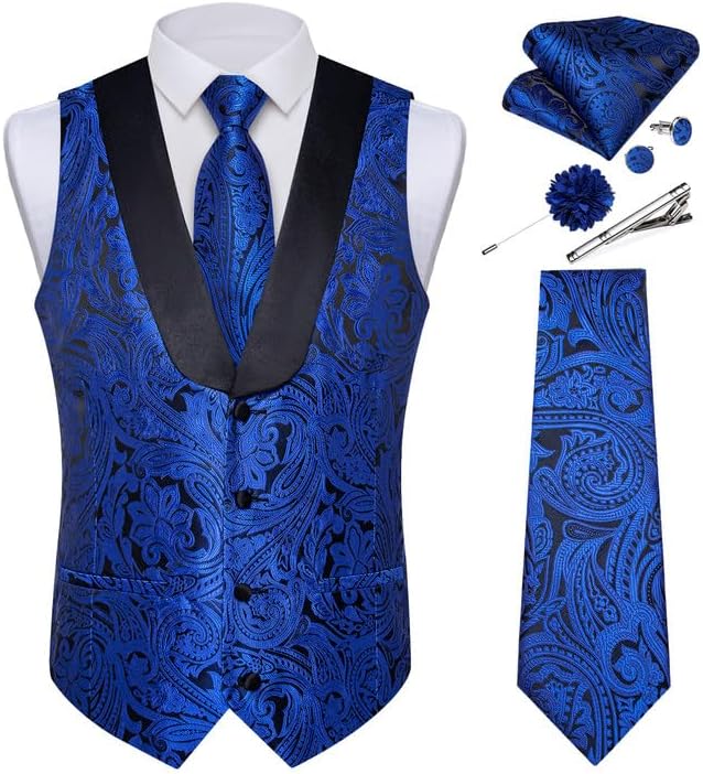 DiBanGu Mens Paisley Suit Vest Silk Jacquard Waistcoat and Necktie Set Formal Shawl Collar Dress Vest 7PCS for Wedding Party