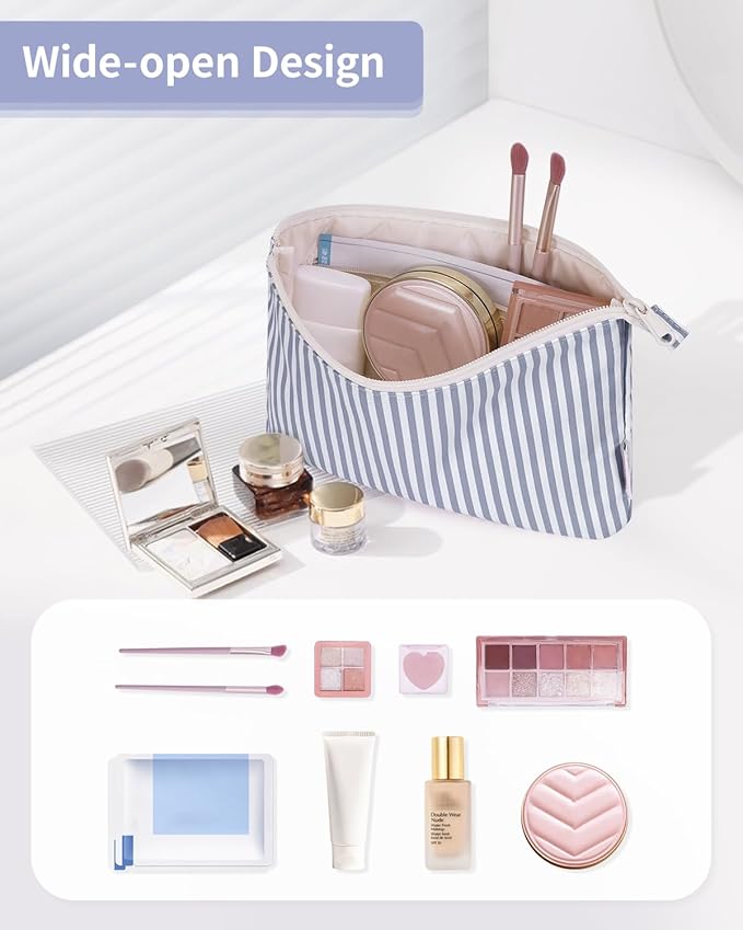 Narwey Small Striped Makeup Bag for Purse Travel Makeup Pouch Cosmetic Bag Zipper Pouch Bags for Women (Greyish Blue Stripe)
