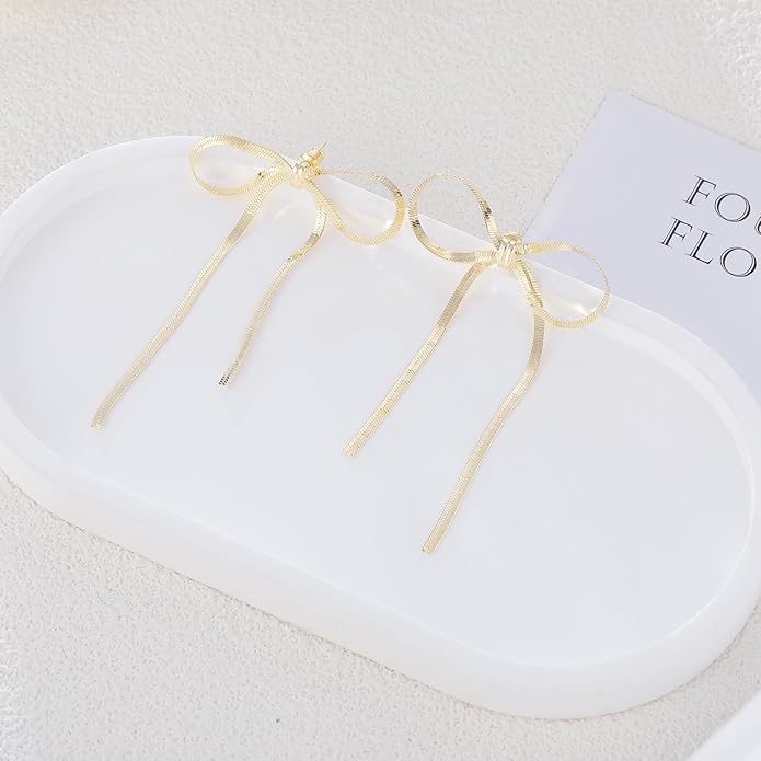 ASCOMY Gold Stud Earrings for Women - Dainty Bow 14K Gold/Silver Plated Pearl Earrings - Trendy Cute Ribbon Minimalist Jewelry Gifts for Her
