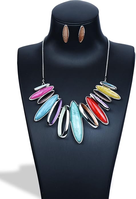 Women's Wedding Party Jewelry Enamel Leaf Rhinestone Cluster Flower Statement Necklace Dangle Earrings Set for Bridal Bridesmaids