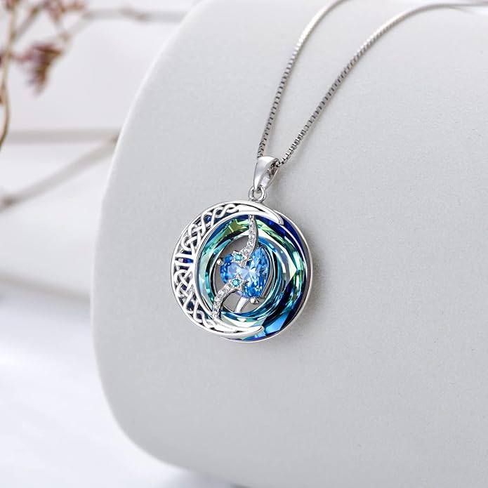 TOUPOP Birthstone Necklace 925 Sterling Silver Moon and Star Pendant with Blue Crystal Celtic Moon Jewelry Birthday Valentines Day Gifts for Women Mom Wife Her