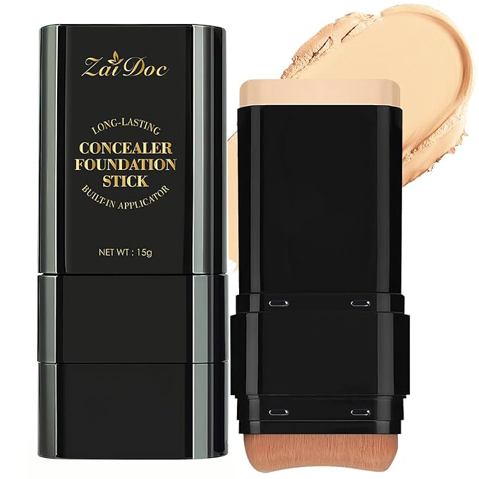 Concealer Foundation Stick, 2-in-1 Long-Lasting Foundation and Concealer with Brush, Creamy Full Coverage for Dark Circles & Blemishes, Hydrating Olive & Camellia, 2.09 Oz (02#)