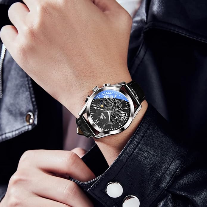 OLEVS Men's Casual Leather Watch, Big Face Chronograph Watch for Men, Fashion Easy to Read Dress Watch, Men's Waterproof Luminous Date Analog Watch, Gold/Black/White/Blue Dial