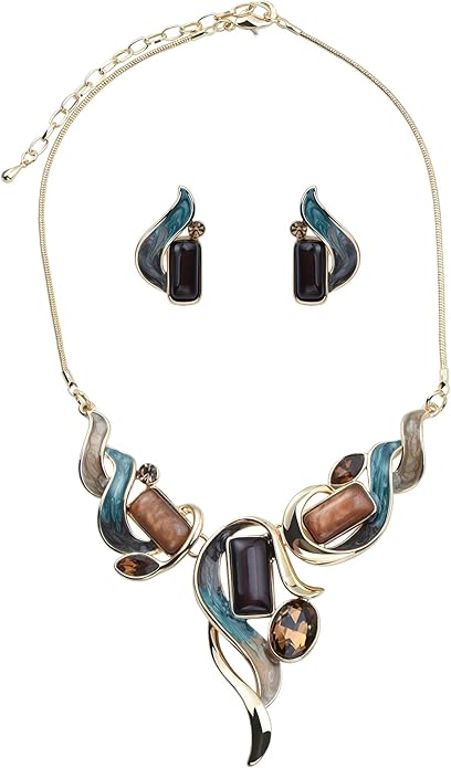 Retro Women's Crystal Floral Petal Leaf Chunky Statement Necklace and Earrings Set Party Jewelry