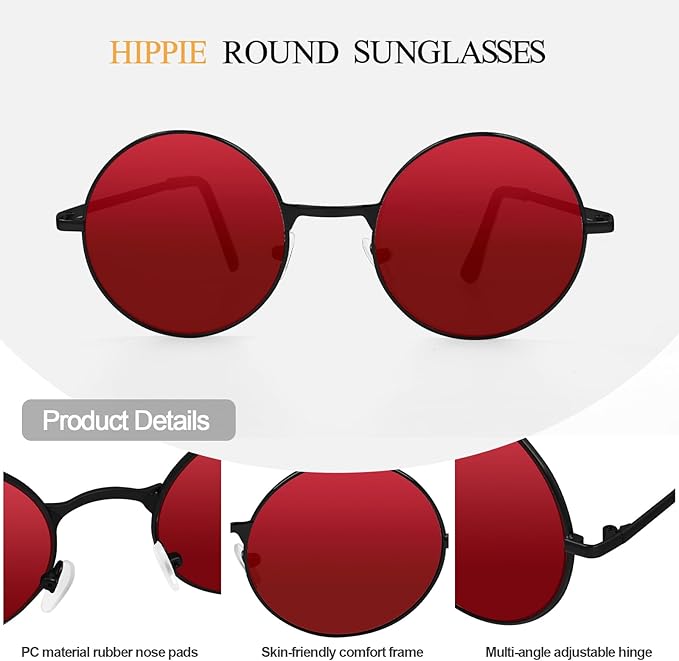 CHRORINE Hippie Sunglasses Round 70s Retro Glasses for Women Men Party Accessory Festival Fashion Vintage Sunglasses