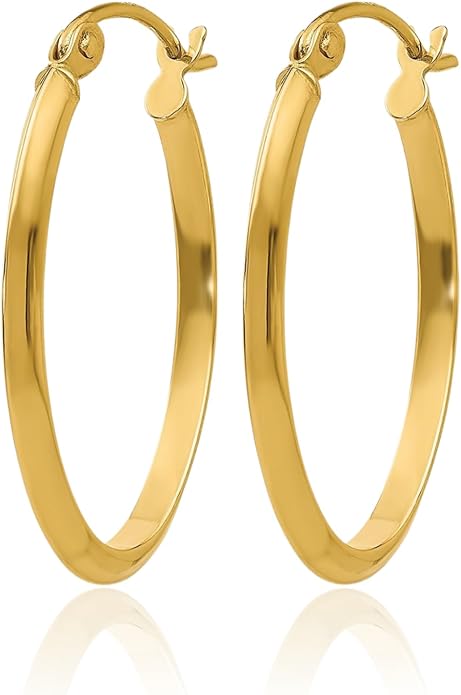 14K Yellow Gold Hoop Earrings Medium Oval 2mm Wide Polished Snap Back For Women Everyday Gift Luxury Jewelry
