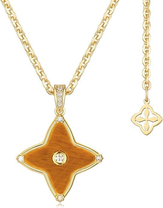 MYEARS Women Clover Necklace Pendant Lapis Lazuli/Mother of Pearl/Turquoise/Yellow Tiger's Eye Cubic Zirconia 14K Gold Simple Dainty Chain Everyday Trendy Lucky Jewelry