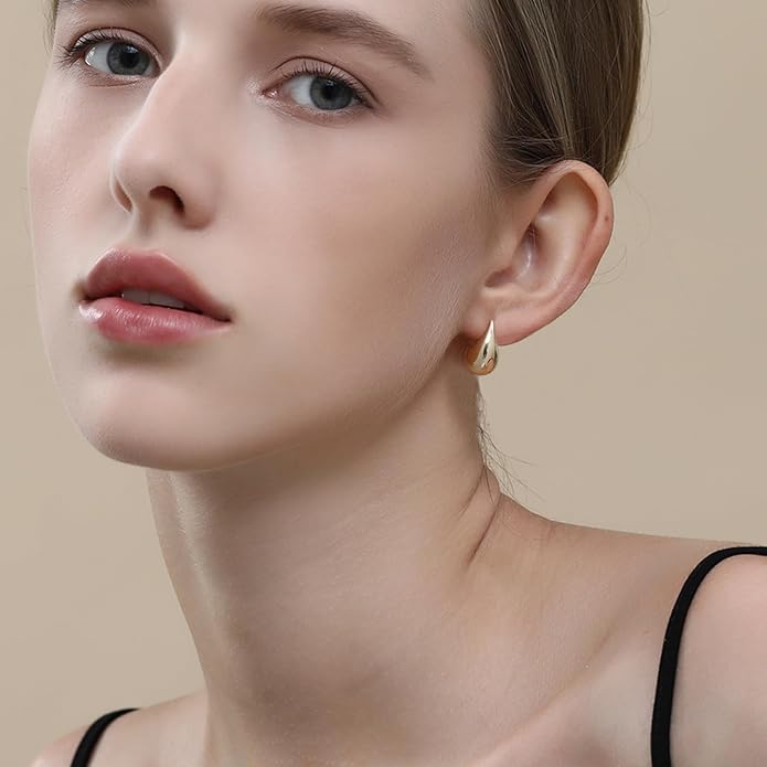Apsvo Chunky 14K Gold Plated Hoop Earrings for Women, Lightweight Waterdrop Hollow Open Hoops, Hypoallergenic Dupes Earrings