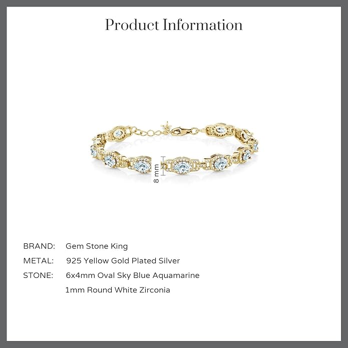 Gem Stone King 18K Yellow Gold Plated Silver Oval Gemstone Birthstone Tennis Bracelet For Women | Oval 6X4MM | 7 Inch With 1 Inch Extender | Fine Jewelry Gifts for Her Mom Women Wife