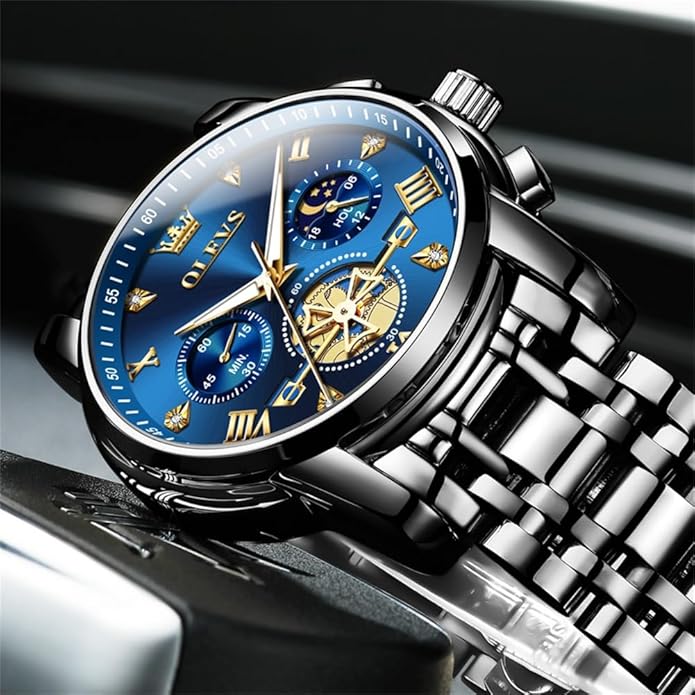 OLEVS Men Silver Watches,Men's Stainless Steel Chronograph Watch,Man Analog Quartz Big Face Male Watches Luxury Waterproof Roman Numeral Dress Diamond Relojes para Hombre