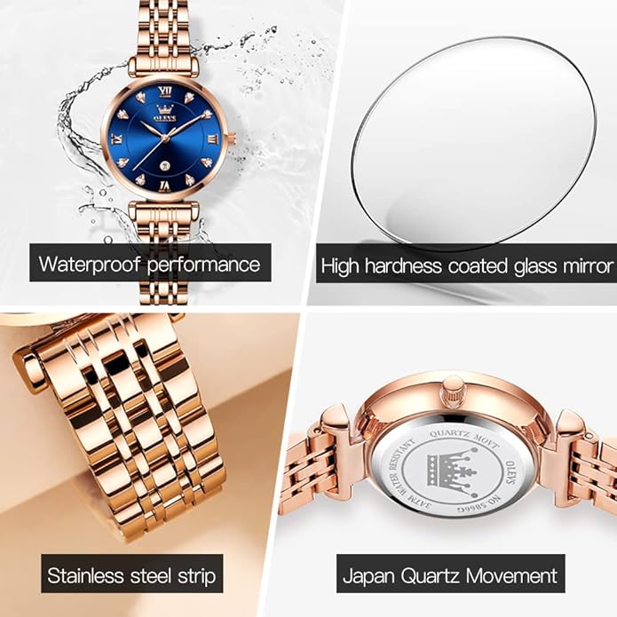 OLEVS Women Watches Simple Dress Ladies Watch Rose Gold Stainless Steel Watch Waterproof Quartz Date Luxury Diamond Small Wristwatch Fashion Analog Female Reloj Mujer Blue White Green Red Yellow Face