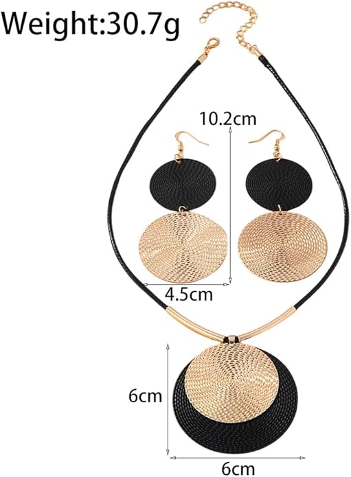 YOOESTORES82 Gold Disc Pendant Necklace Earrings Set Leather Cord Black Circle Statement Necklaces Geometric Textured Medallion Jewelry For Women Party Fashion