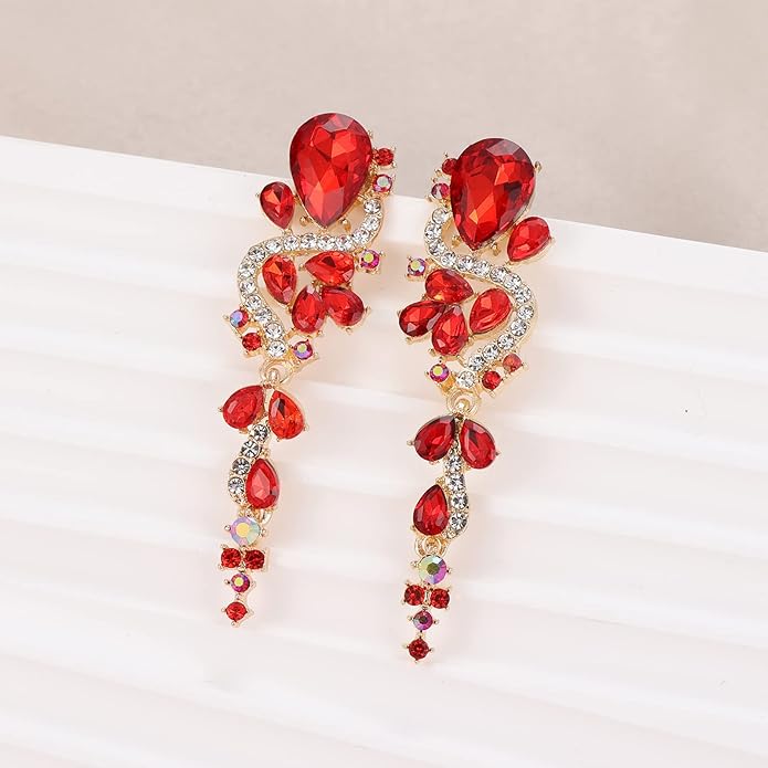 Fashion Rhinestone Statement Drop Dangle Earrings Long Colorful Crystal Bridal Wedding Teardrop Chandelier Earrings for Women Prom Pageant