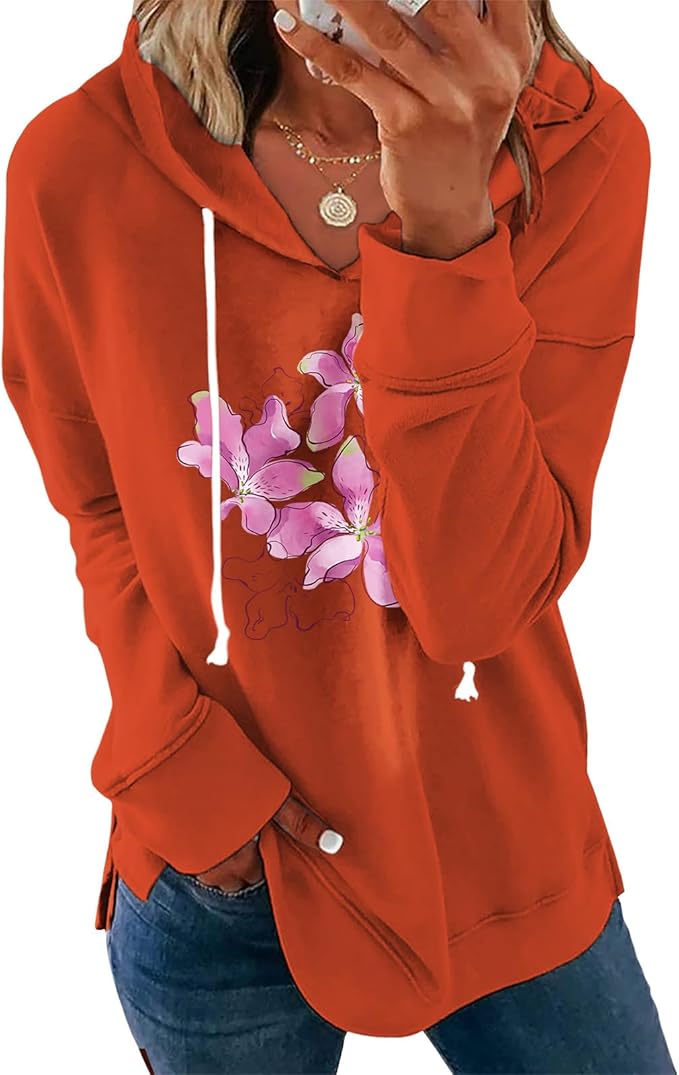 Women's Brick Red Hoodie Pullover Sweatshirt Cotton Blend Loose Fit Long Sleeve Fall Winter Top