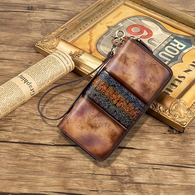 Women's cowhide leather zipper wallet retro carved multi-layer handbag design (Retro Purple Blue)