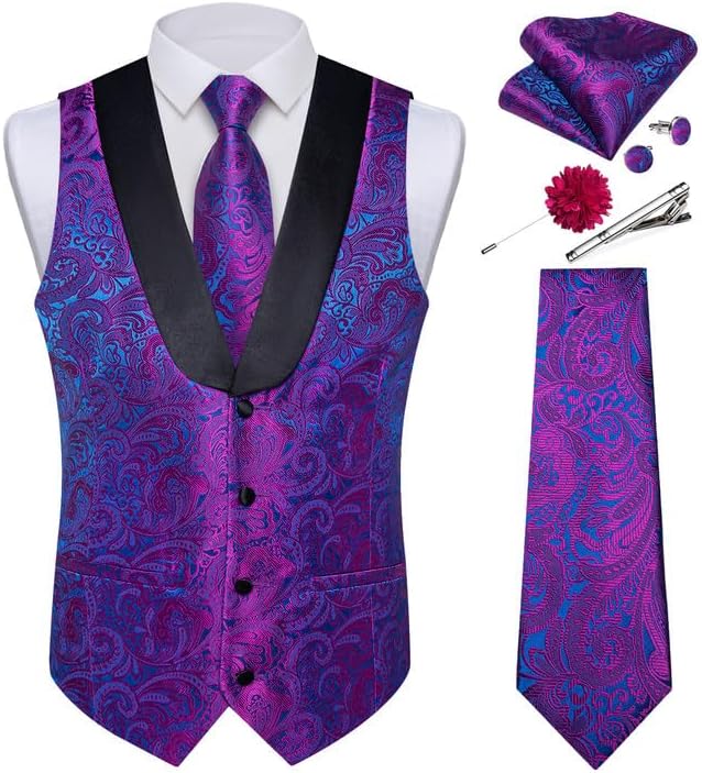 DiBanGu Mens Paisley Suit Vest Silk Jacquard Waistcoat and Necktie Set Formal Shawl Collar Dress Vest 7PCS for Wedding Party