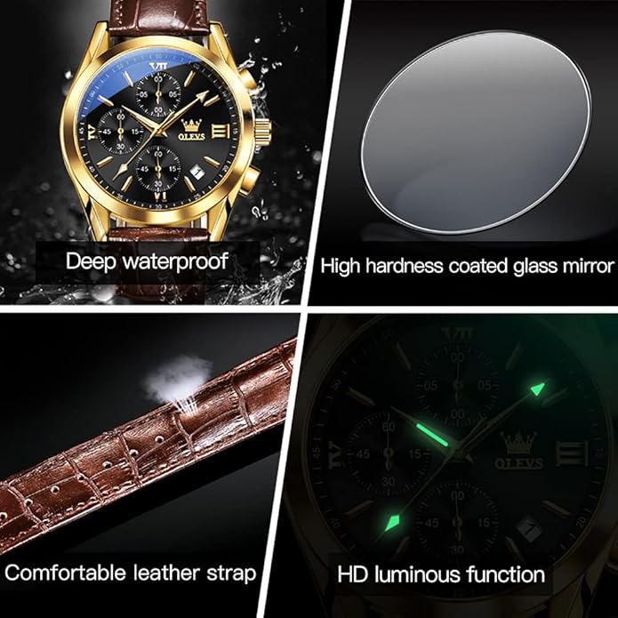 OLEVS Men's Watches Brown Leather with Date,Casual Watches for Men,Large Face Watches Men,Chronograph Mens Watch,Sport Waterproof Business Dress Analog Quartz Men's Wrist Watches Reloj De Hombre