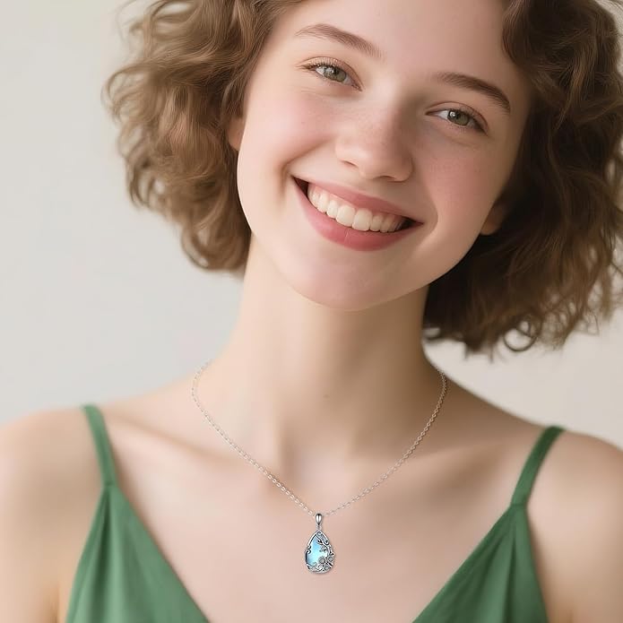 YFN Black Obsidian/Moonstone/Turquoise/Moss Agate Sunflower Filigree Teardrop Pendant Necklace Jewelry for Women - 925 Sterling Silver